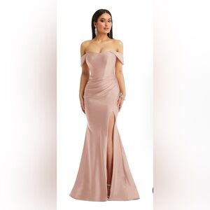 Cynthia & Sahar Off-The-Shoulder Corset Stretch Satin Mermaid Dress Nude